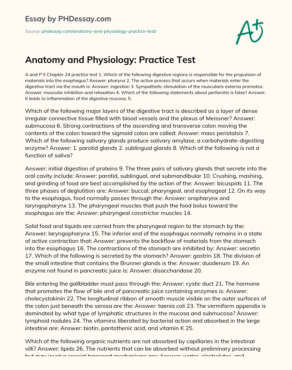 Anatomy and Physiology: Practice Test essay