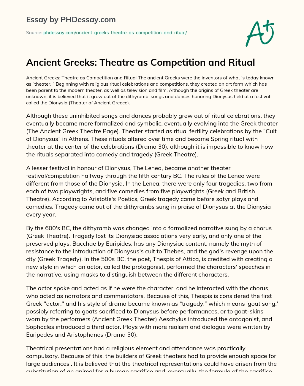 Ancient Greeks: Theatre as Competition and Ritual essay
