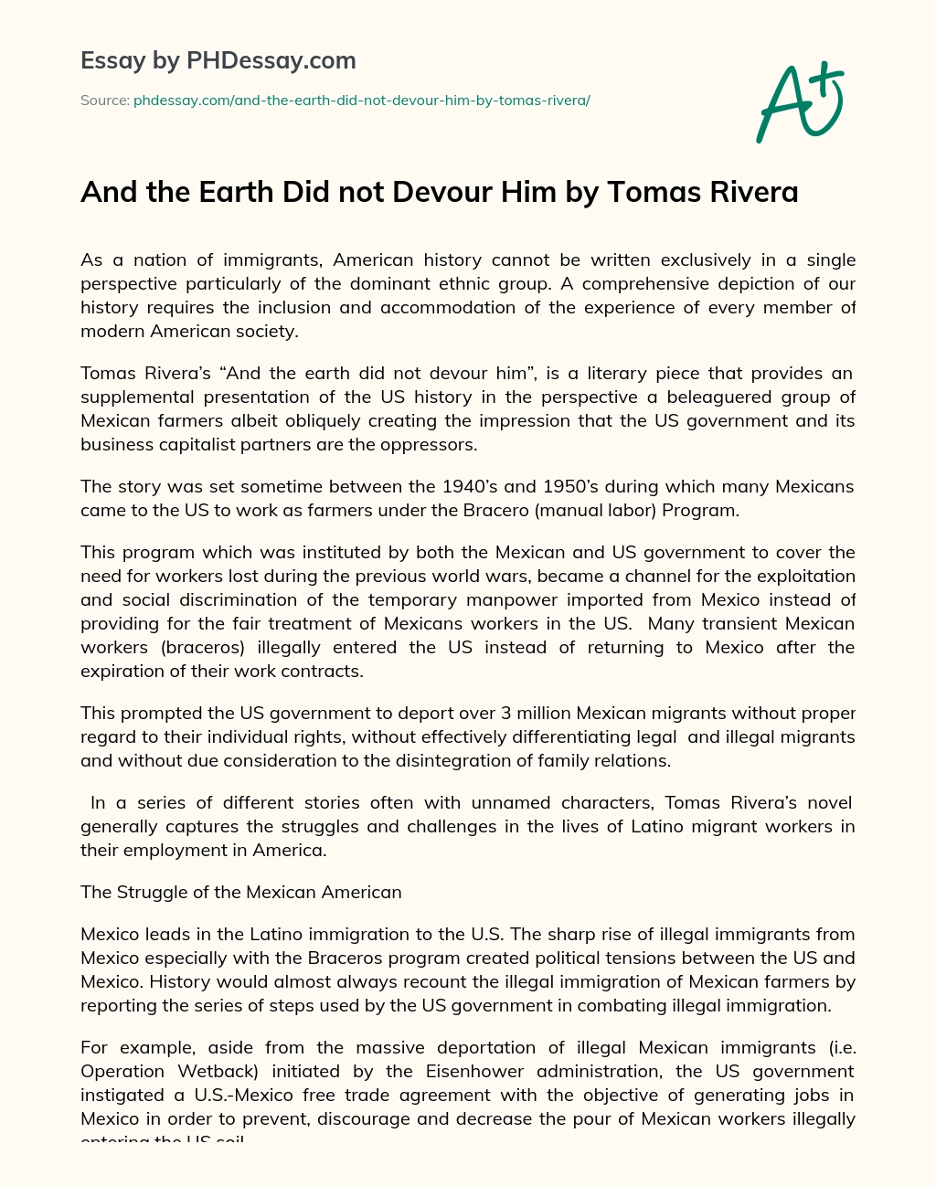 And the Earth Did not Devour Him by Tomas Rivera essay