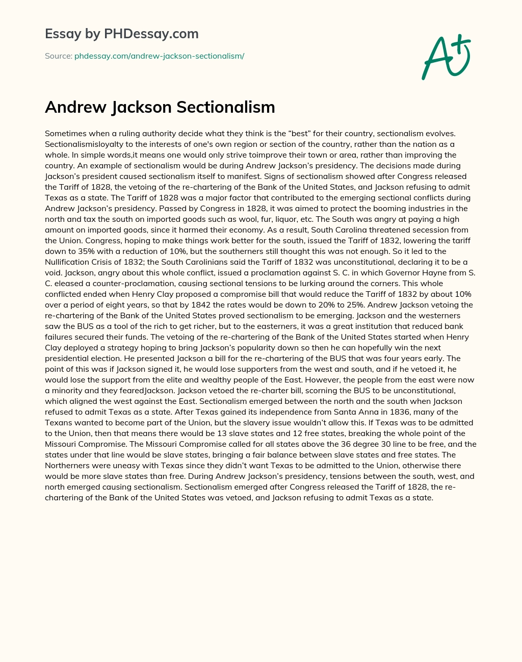 Andrew Jackson Sectionalism essay