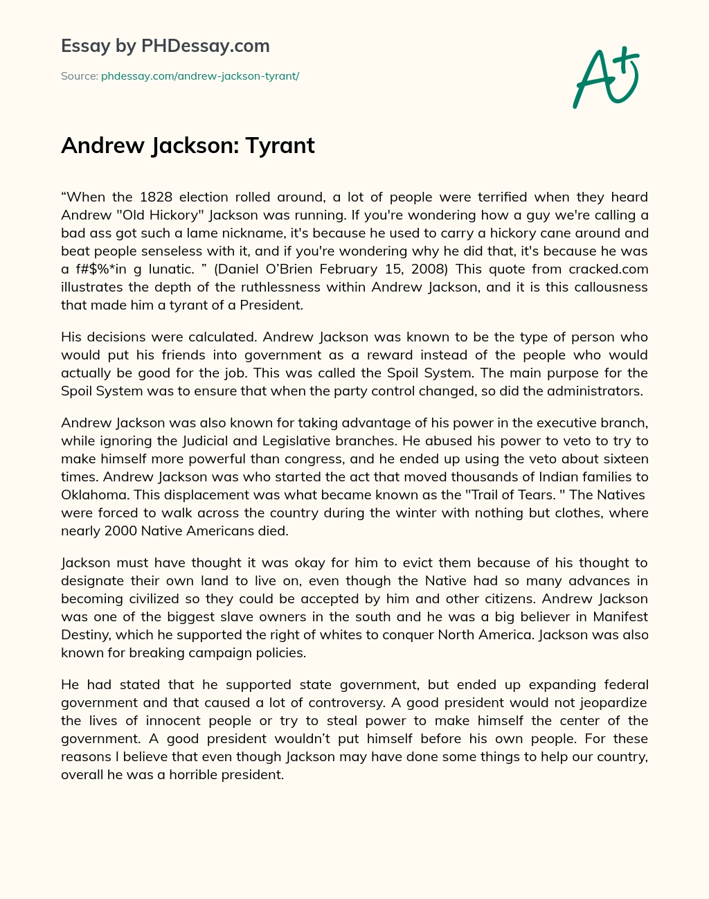 Andrew Jackson: Tyrant essay