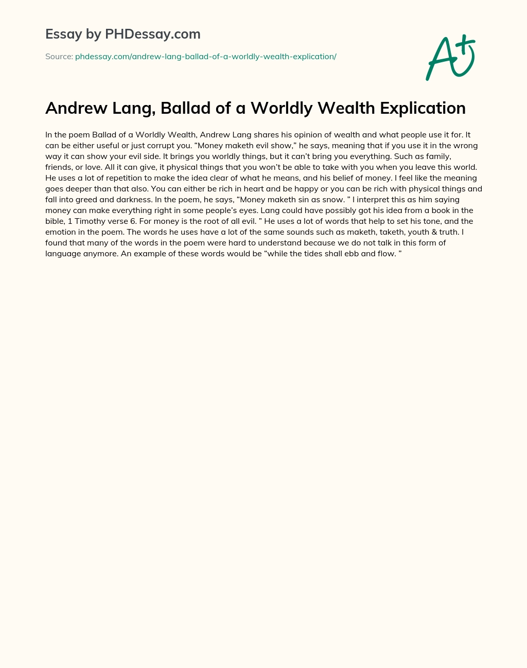 Andrew Lang, Ballad of a Worldly Wealth Explication essay