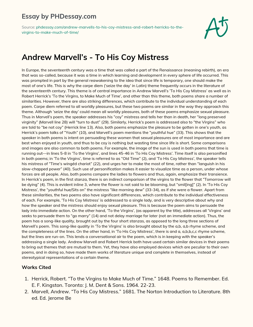 Andrew Marvell’s – To His Coy Mistress essay