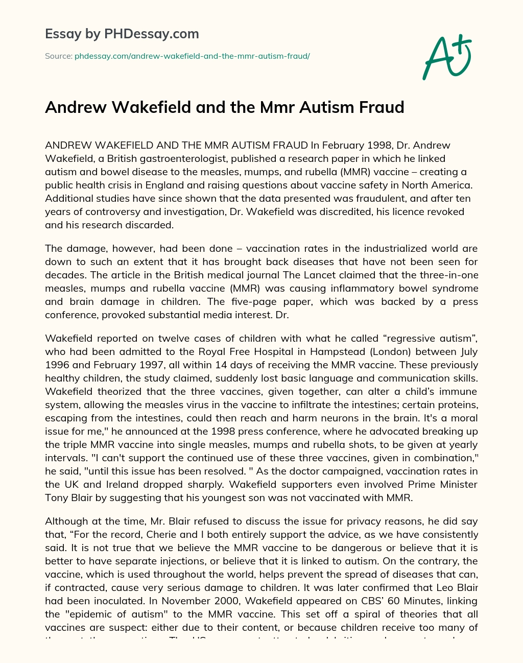 Andrew Wakefield and the Mmr Autism Fraud essay
