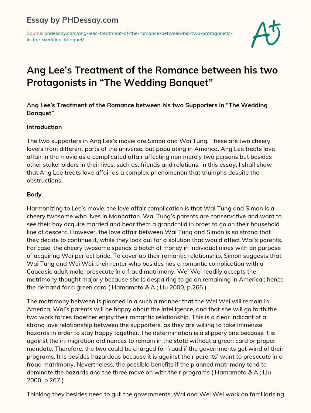 Ang Lee’s Treatment of the Romance between his two Protagonists in “The Wedding Banquet” essay