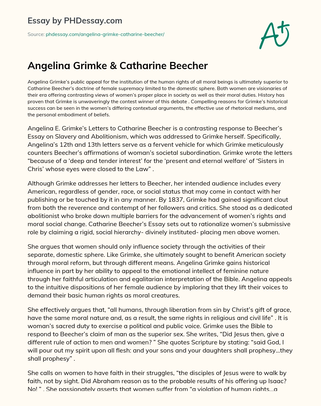 Angelina Grimke & Catharine Beecher essay