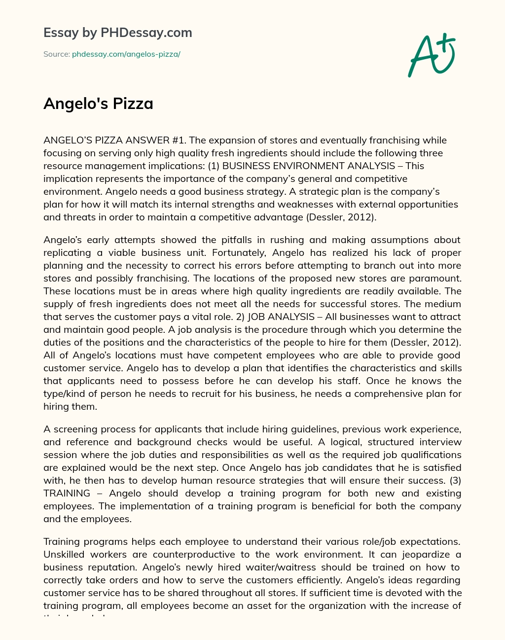 Angelo’s Pizza essay