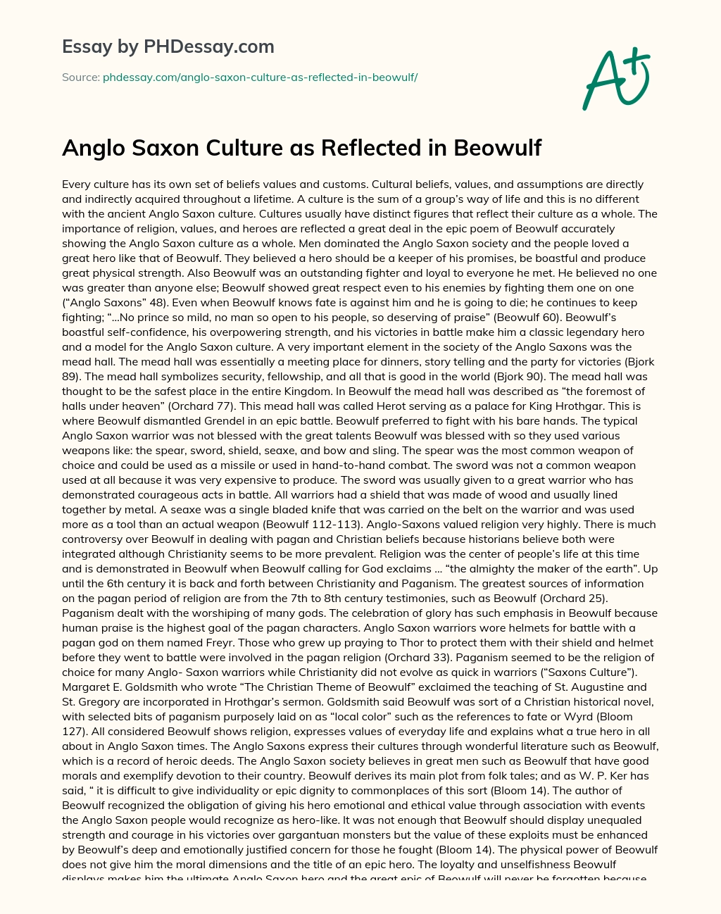 Anglo Saxon Culture as Reflected in Beowulf essay