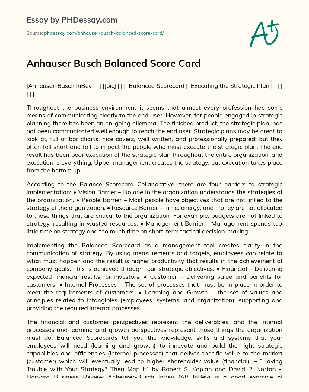 Anhauser Busch Balanced Score Card essay