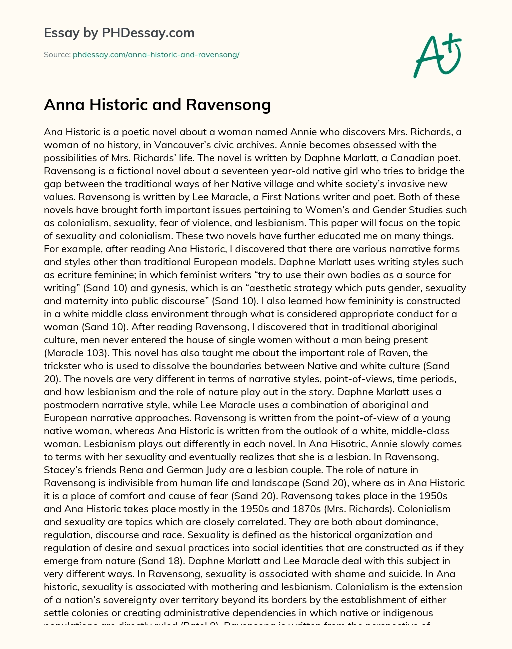 Anna Historic and Ravensong essay