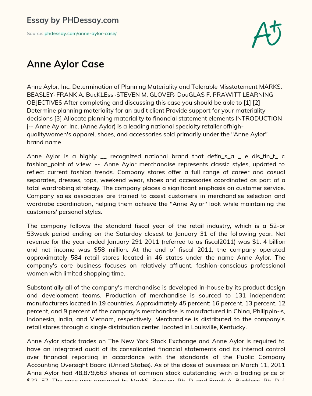 Determining Planning Materiality for Anne Aylor, Inc. – A Case Study in Auditing essay