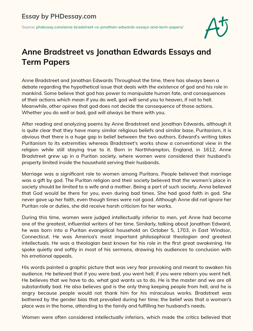 Anne Bradstreet vs Jonathan Edwards Essays and Term Papers essay