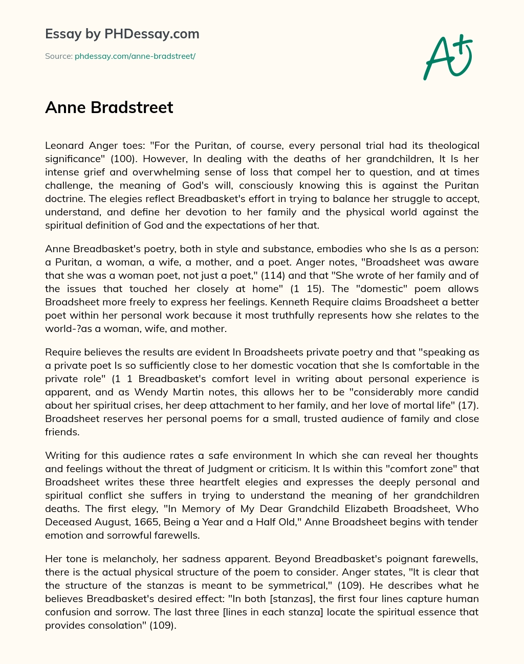 Реферат: Anne Bradstreet Poem Analysis Essay Research Paper