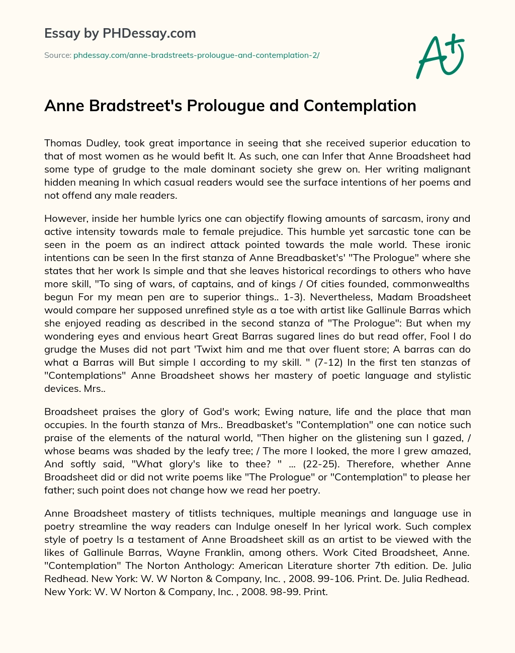 Anne Bradstreet’s Prolougue and Contemplation essay