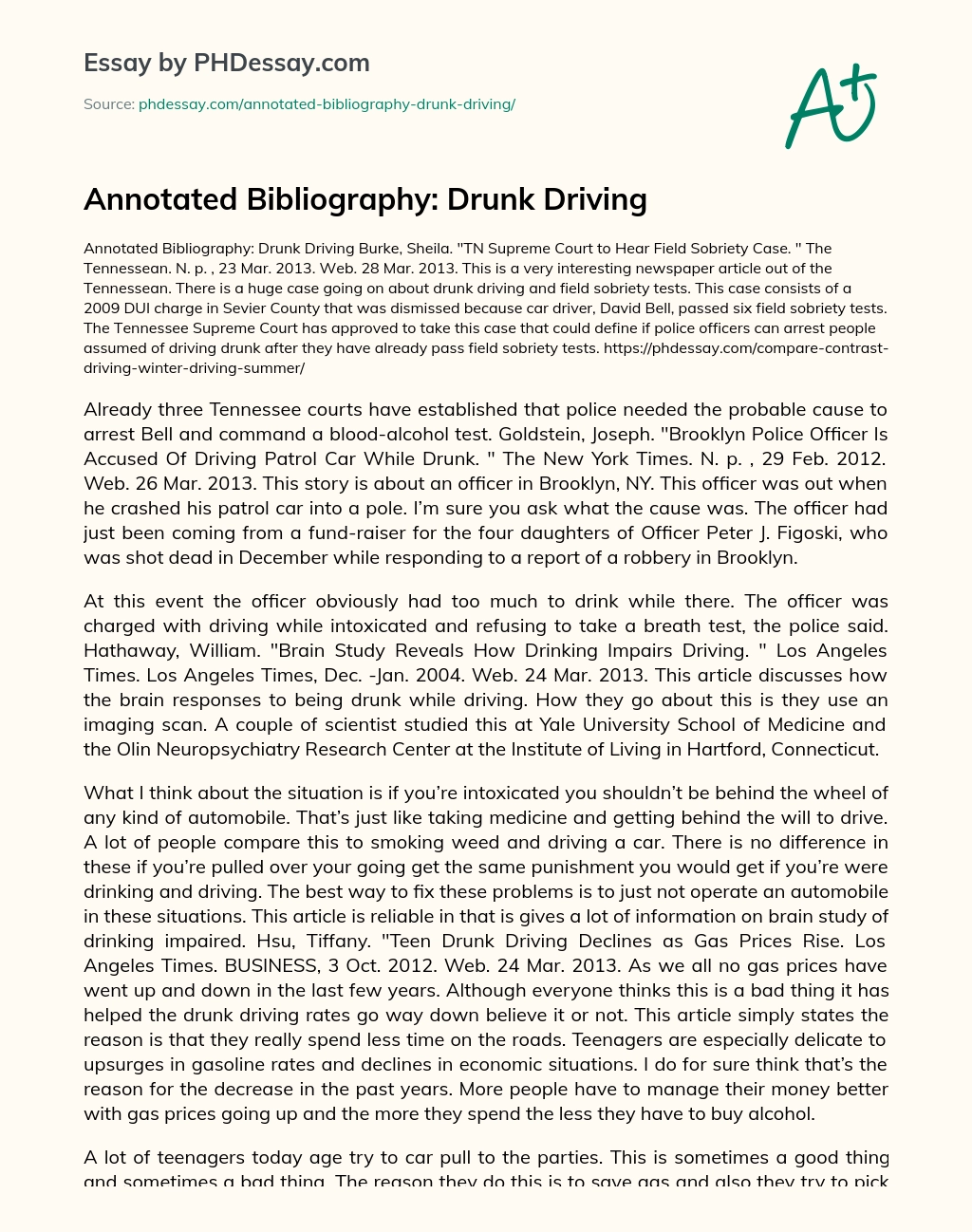Annotated Bibliography: Drunk Driving essay