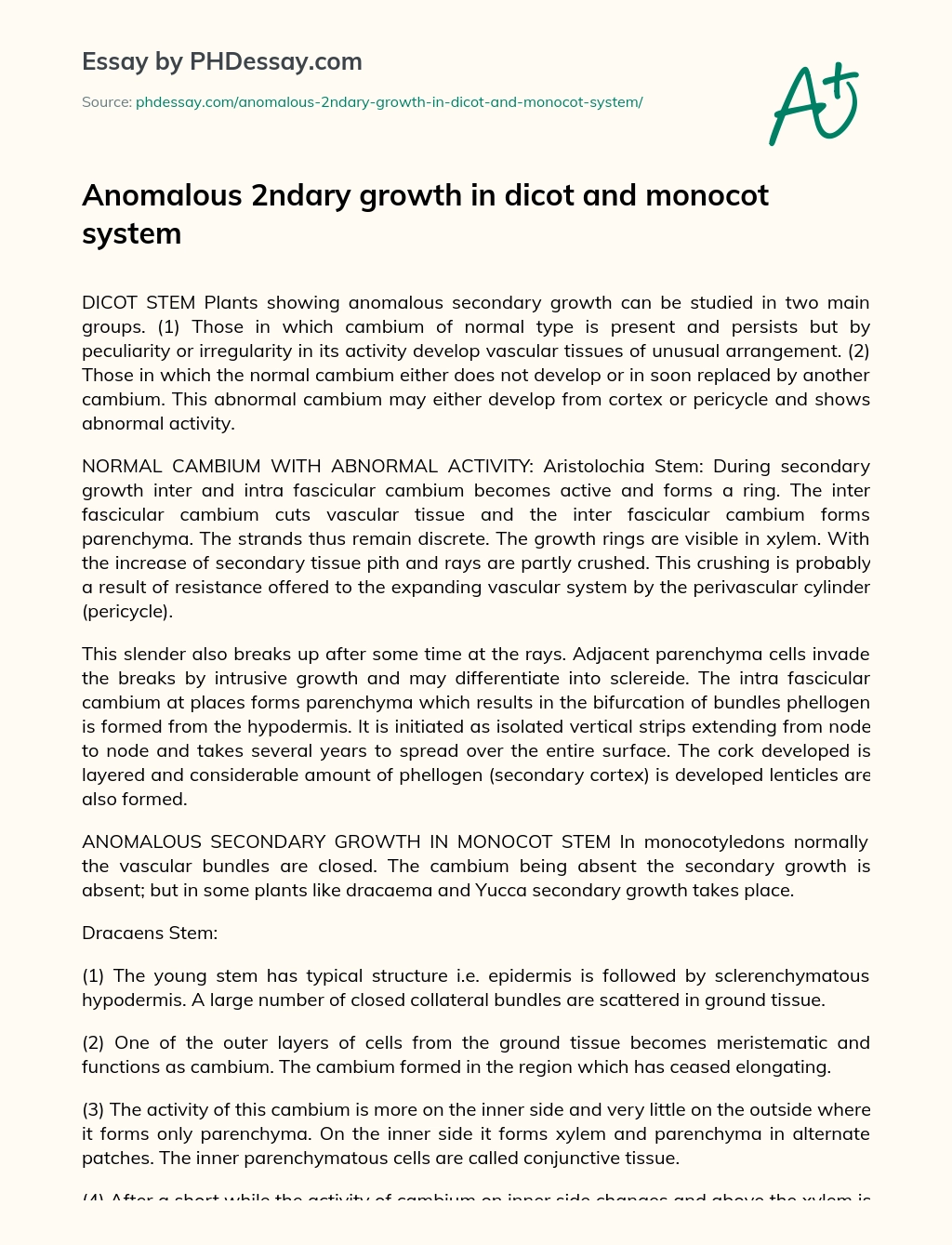 Anomalous 2ndary growth in dicot and monocot system essay