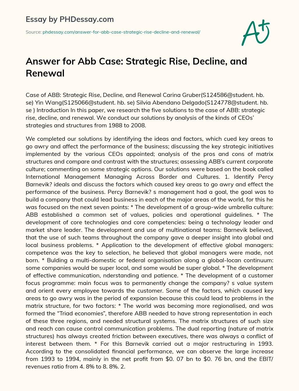 Answer for Abb Case: Strategic Rise, Decline, and Renewal essay