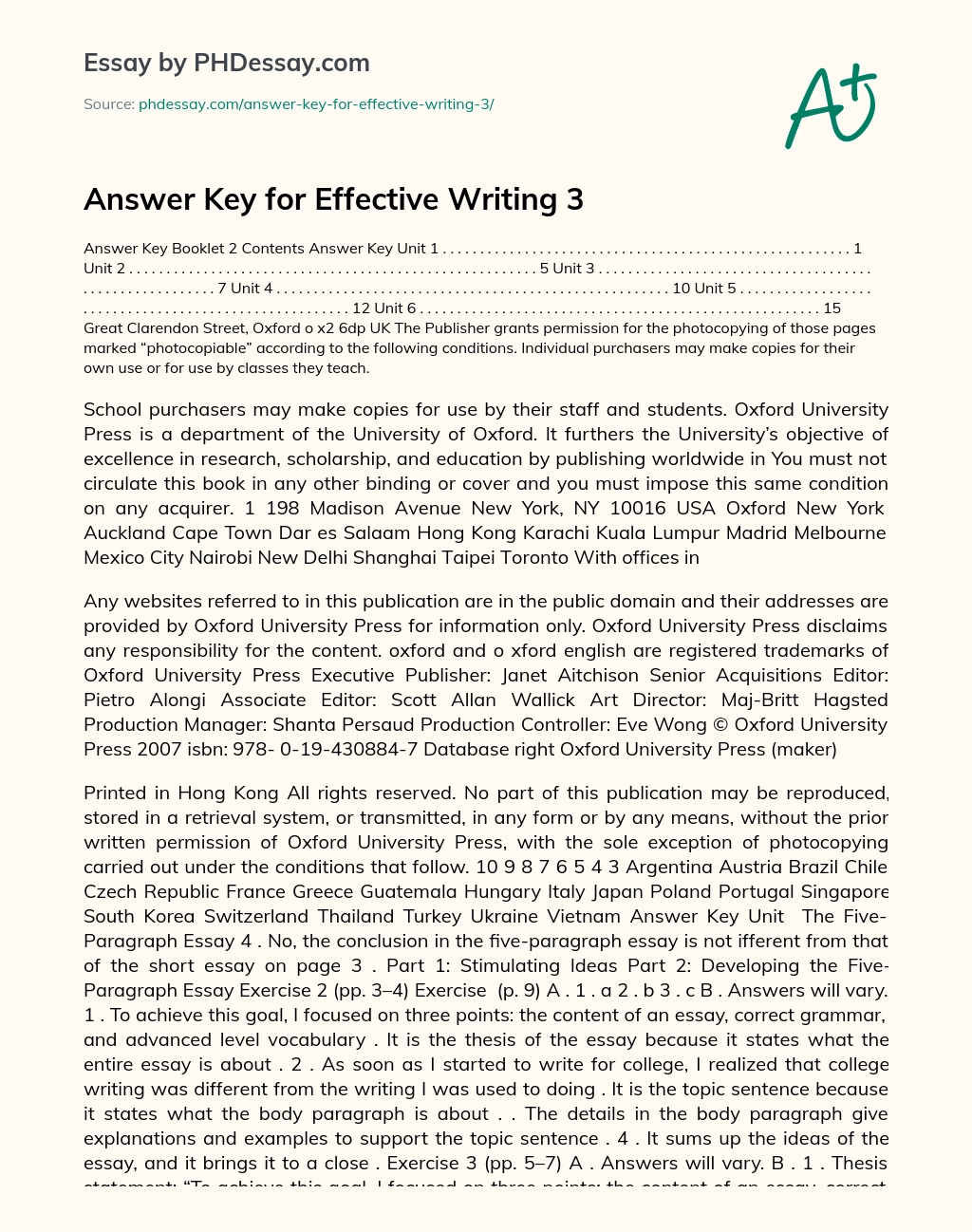 Answer Key for Effective Writing 3 essay