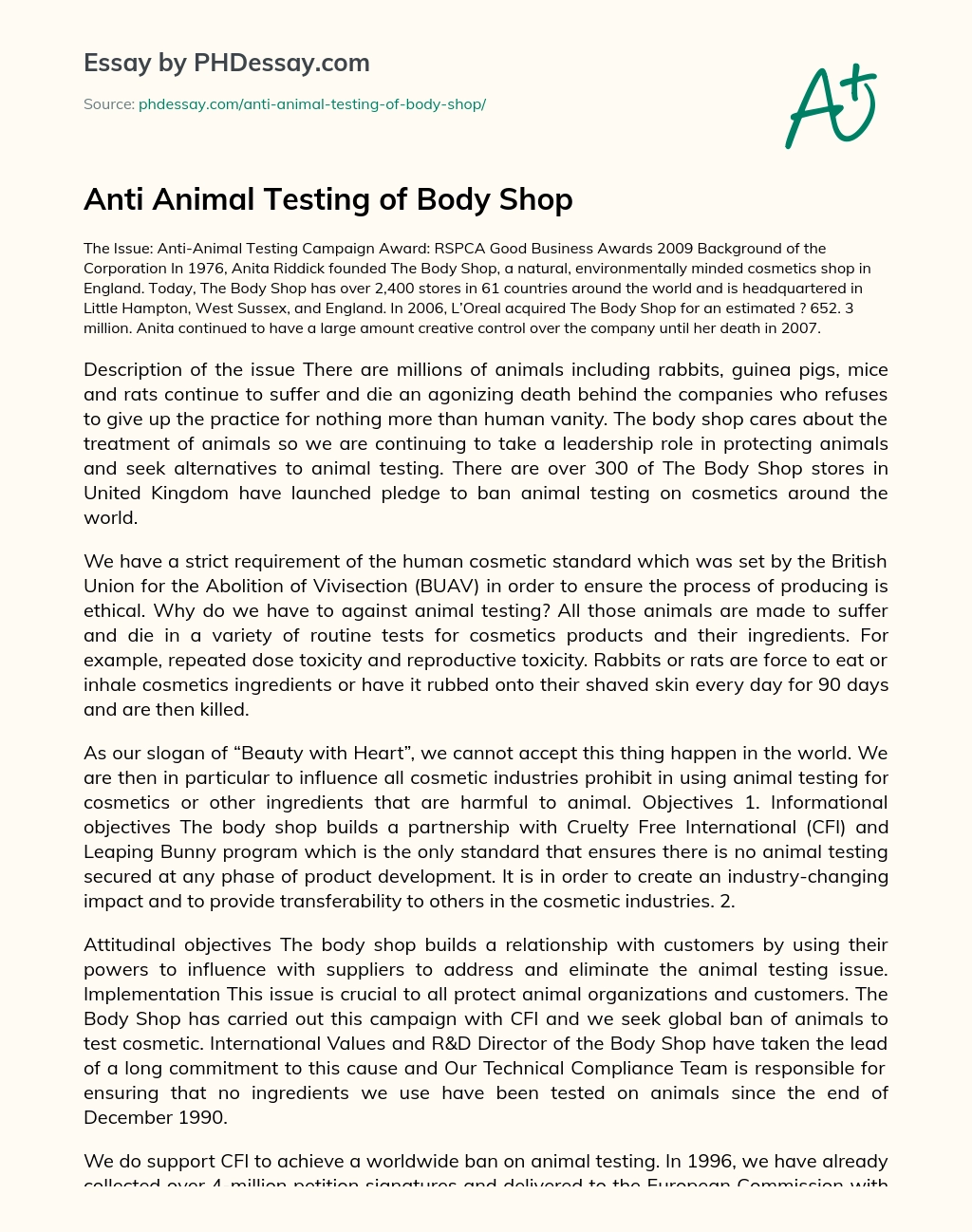 Anti Animal Testing of Body Shop essay