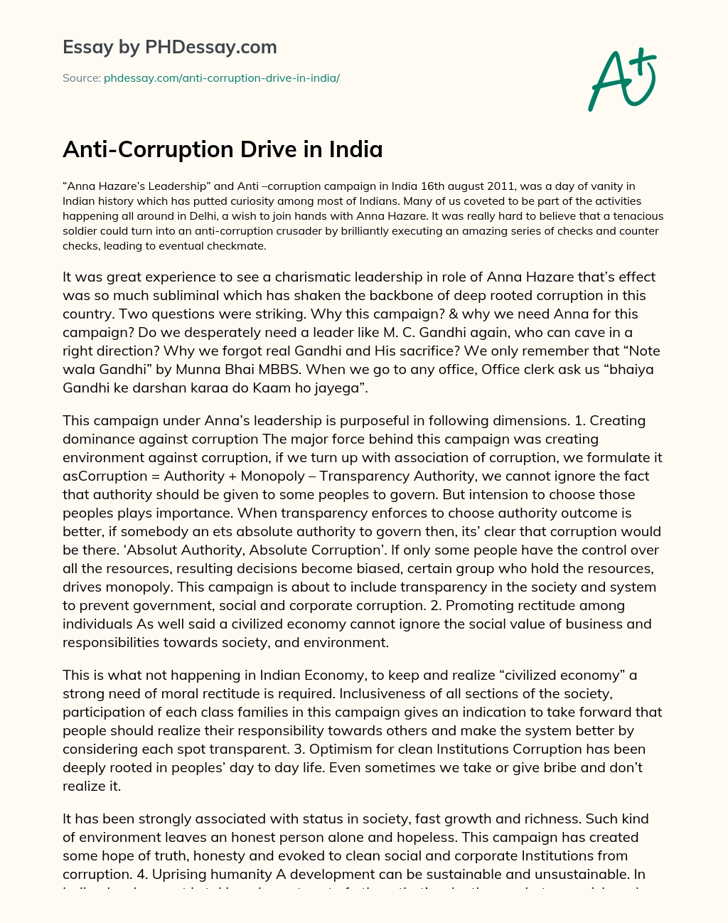 Anti-Corruption Drive in India essay