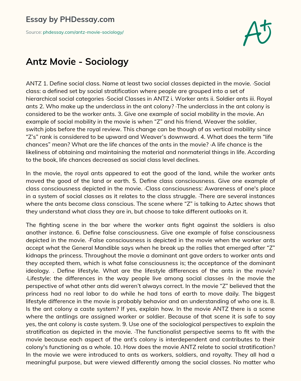 Antz Movie – Sociology essay