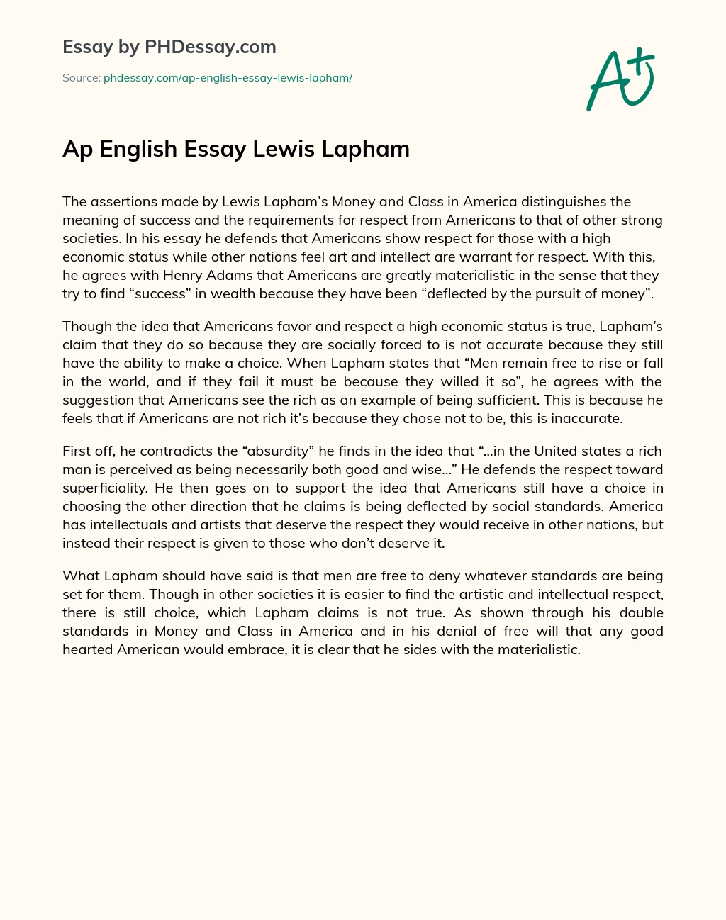 Ap English Essay Lewis Lapham essay