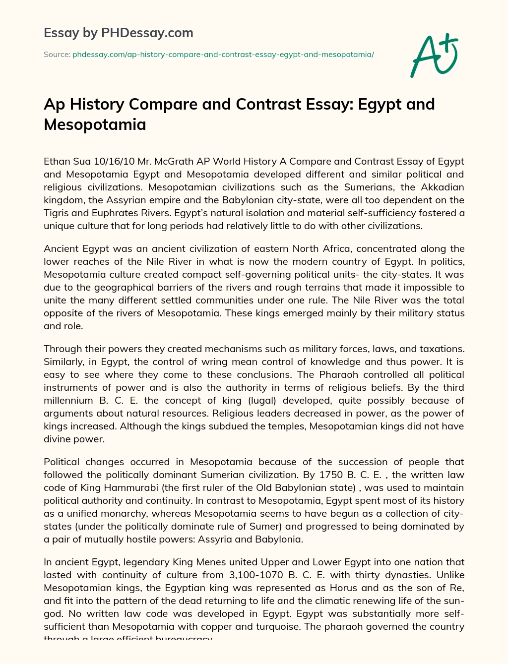 Ap History Compare and Contrast Essay: Egypt and Mesopotamia essay