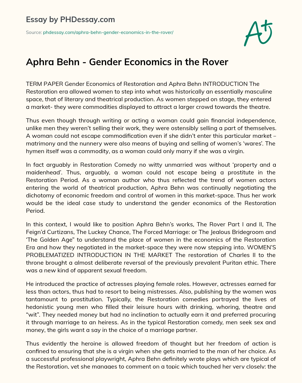 Aphra Behn – Gender Economics in the Rover essay