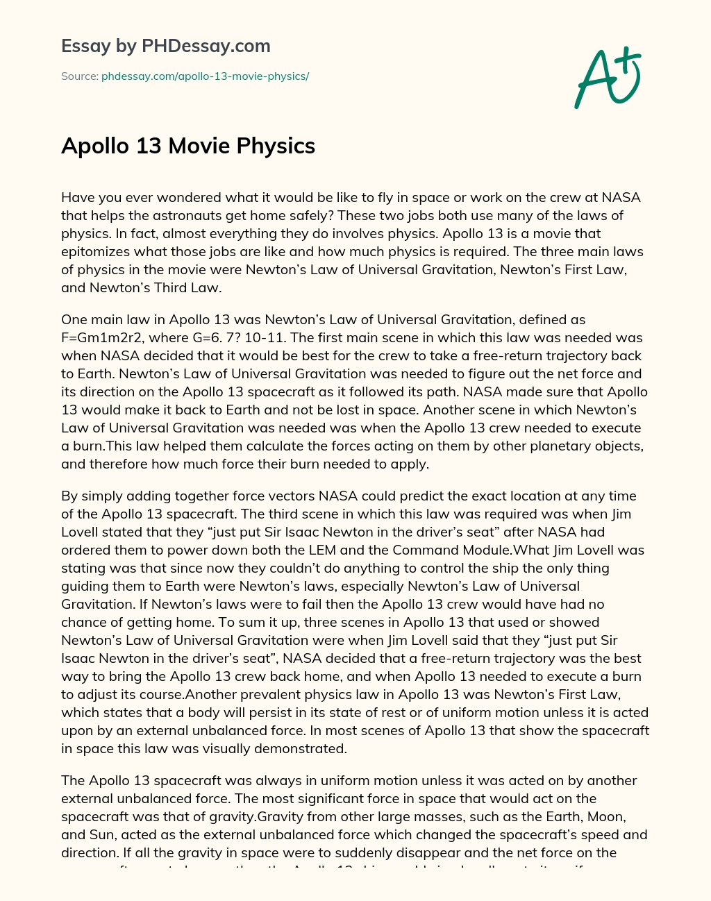 The Importance of Physics in Space Exploration: Analyzing Newton’s Laws in Apollo 13 essay