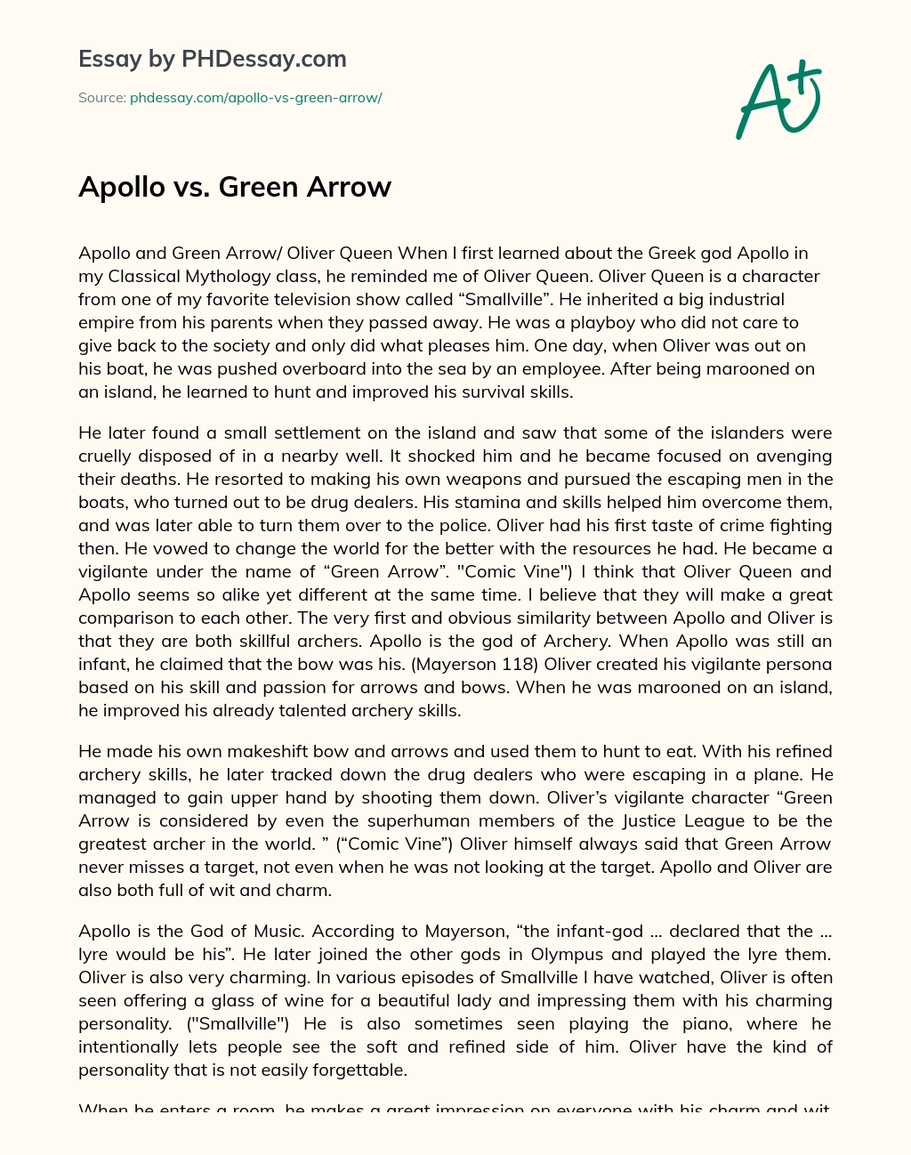Apollo vs. Green Arrow essay