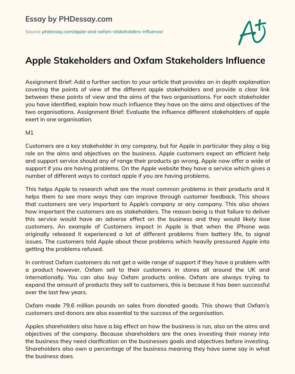 Apple Stakeholders and Oxfam Stakeholders Influence essay