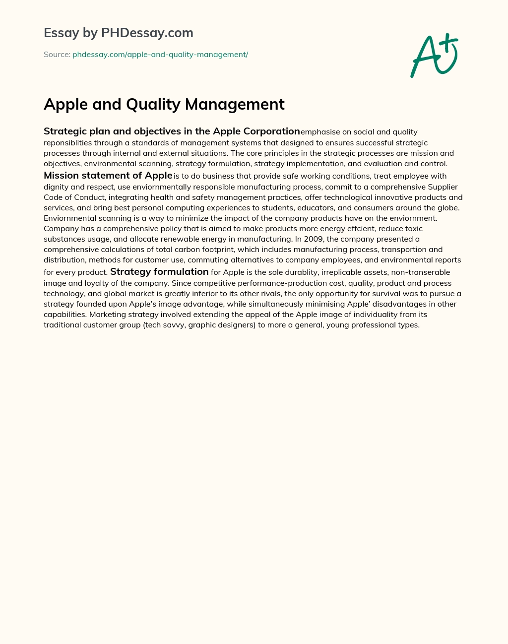 Apple and Quality Management essay