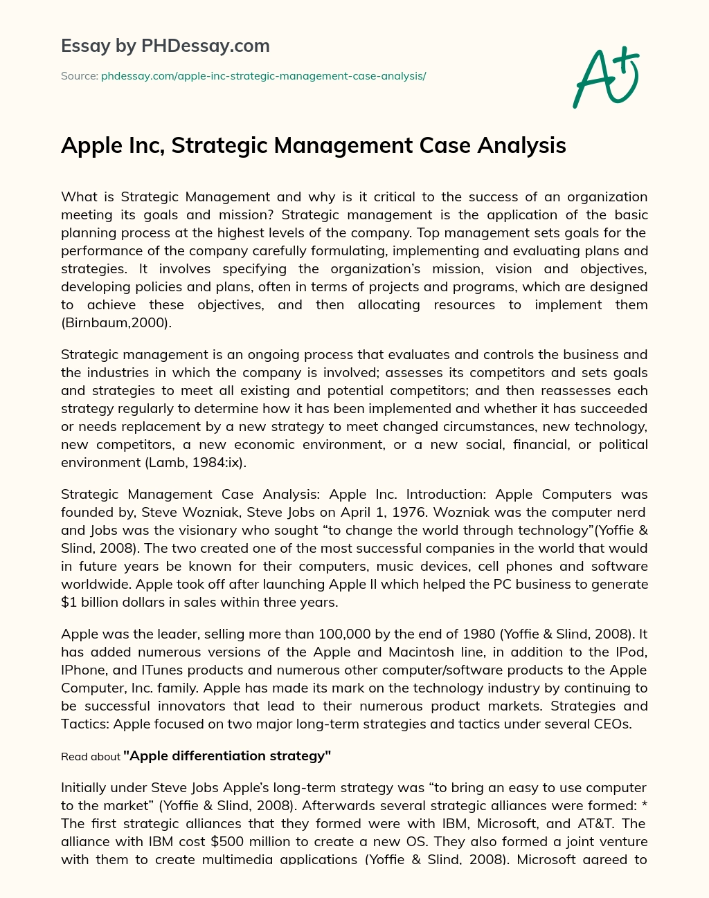 Apple Inc, Strategic Management Case Analysis essay