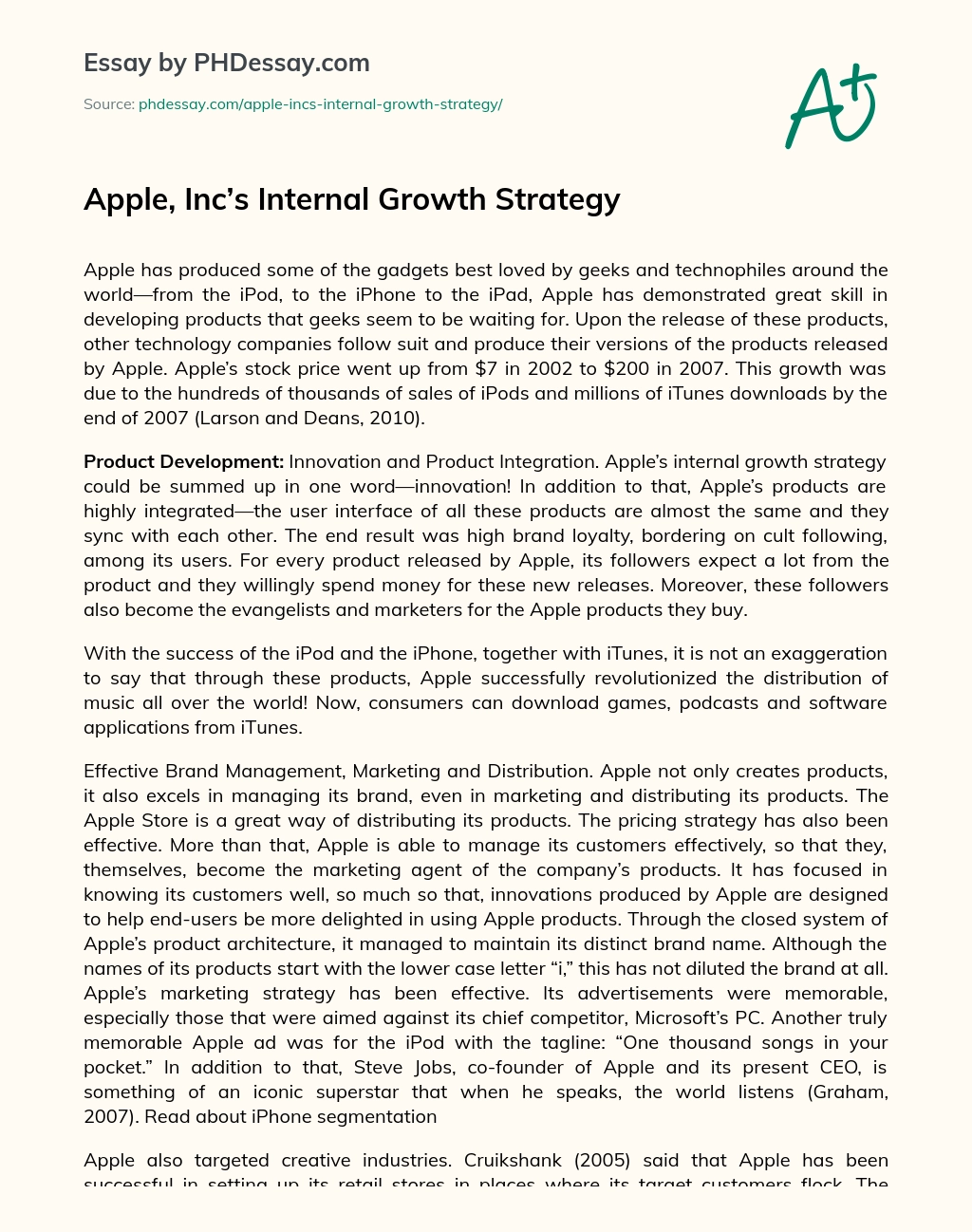 Apple, Inc’s Internal Growth Strategy essay
