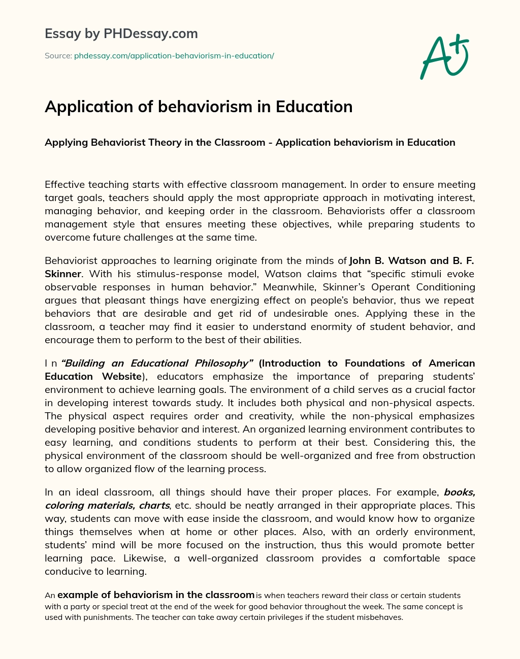 Application of behaviorism in Education essay