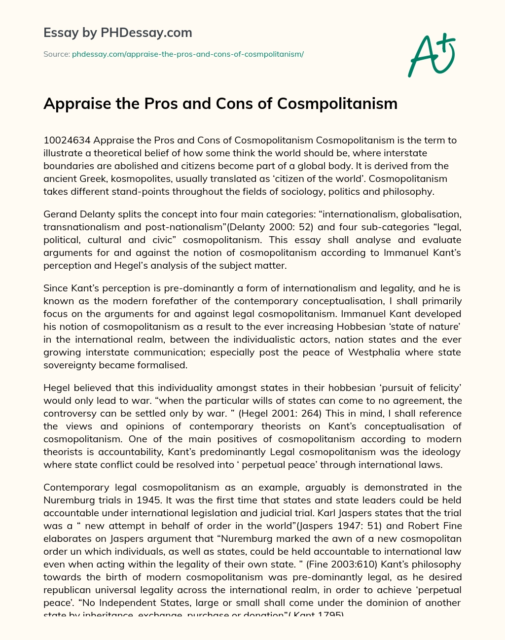 Appraise the Pros and Cons of Cosmpolitanism essay