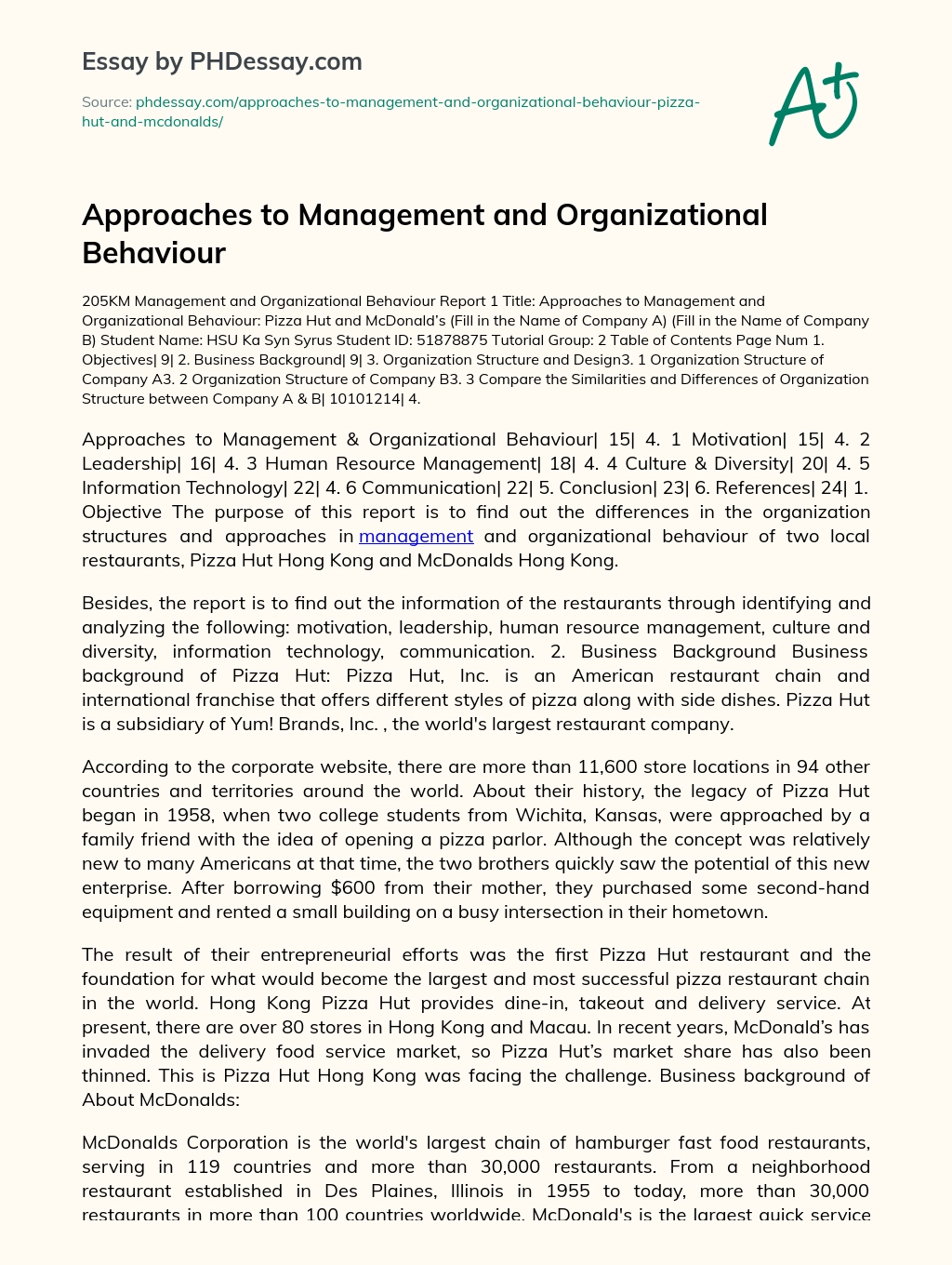 Approaches to Management and Organizational Behaviour essay