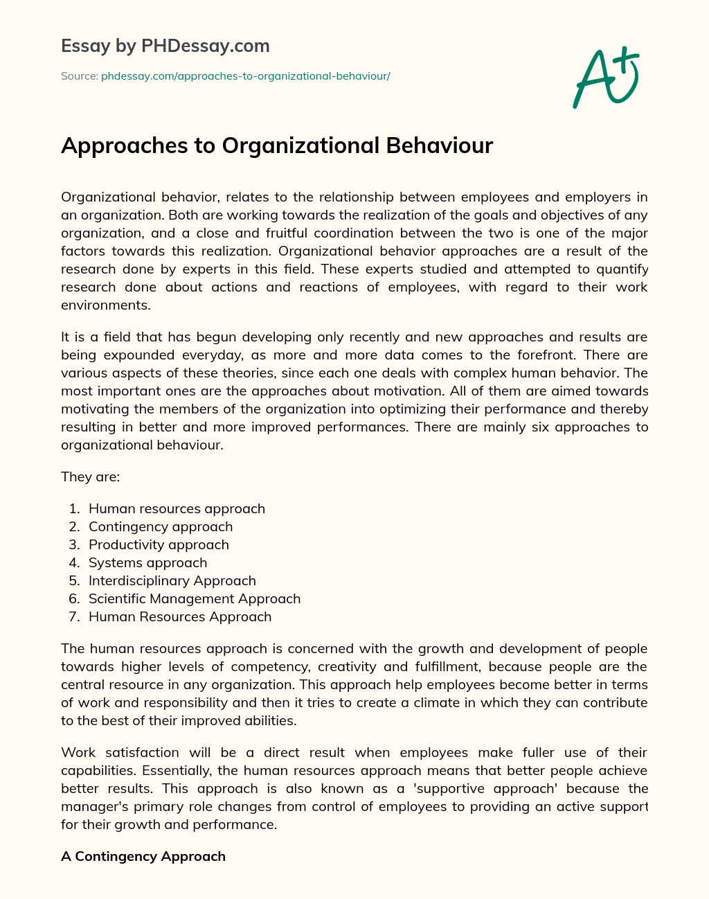 Approaches to Organizational Behaviour essay