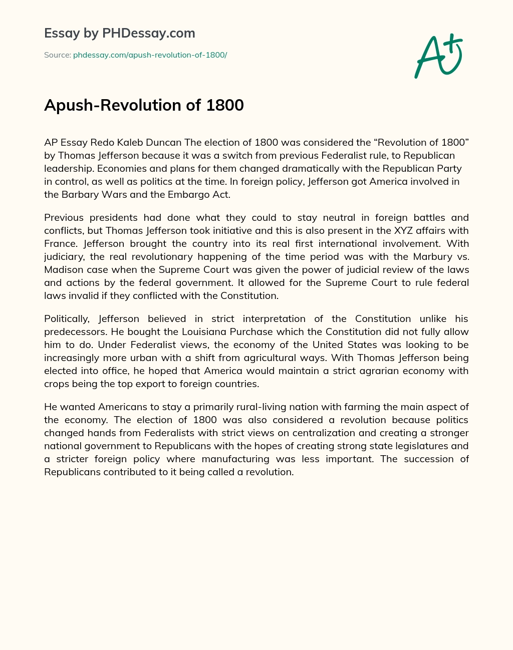 Apush-Revolution of 1800 essay
