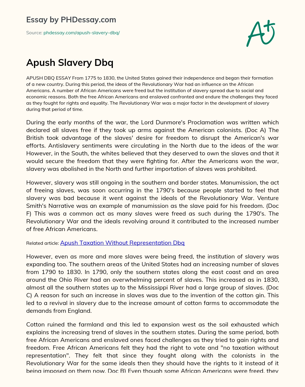 Apush Slavery Dbq essay