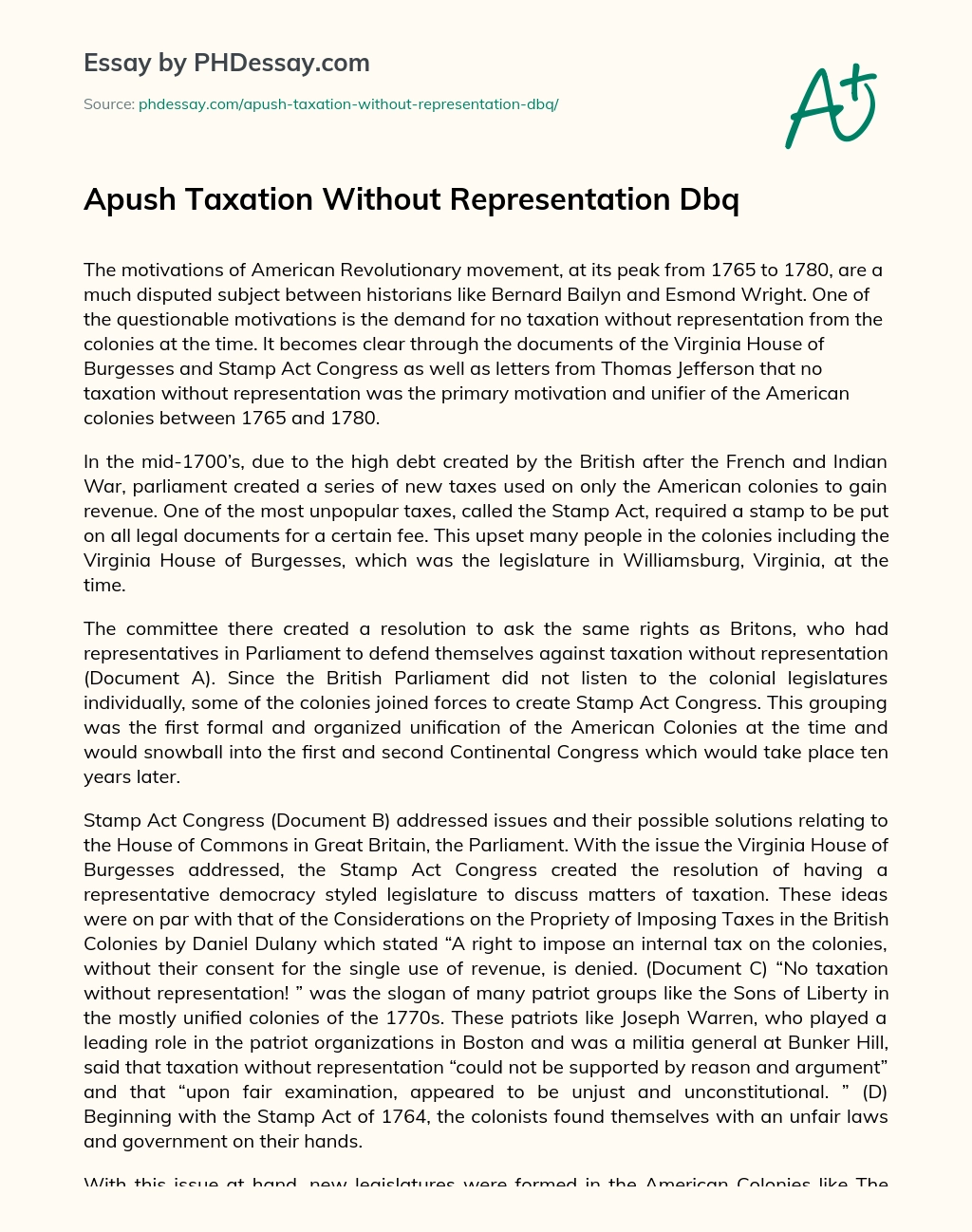 Apush Taxation Without Representation Dbq essay