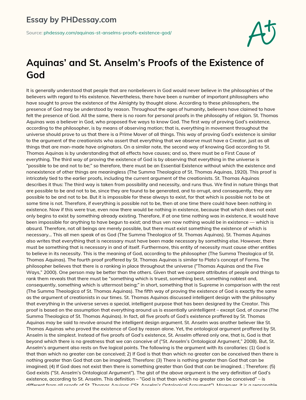 Aquinas’ and St. Anselm’s Proofs of the Existence of God essay
