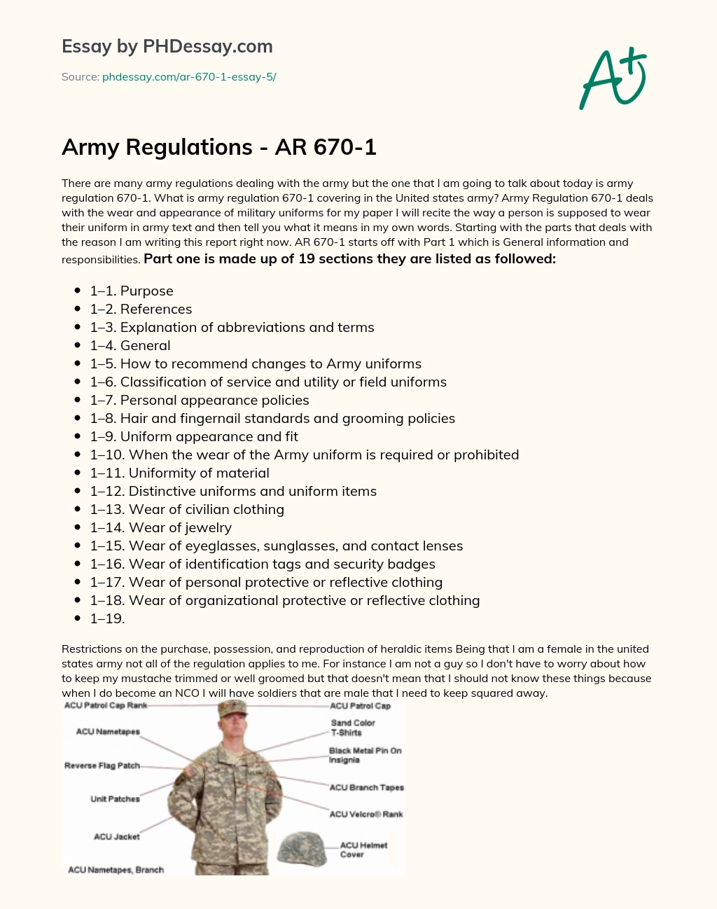 Army Regulations - Ar 670-1 Essay Example 