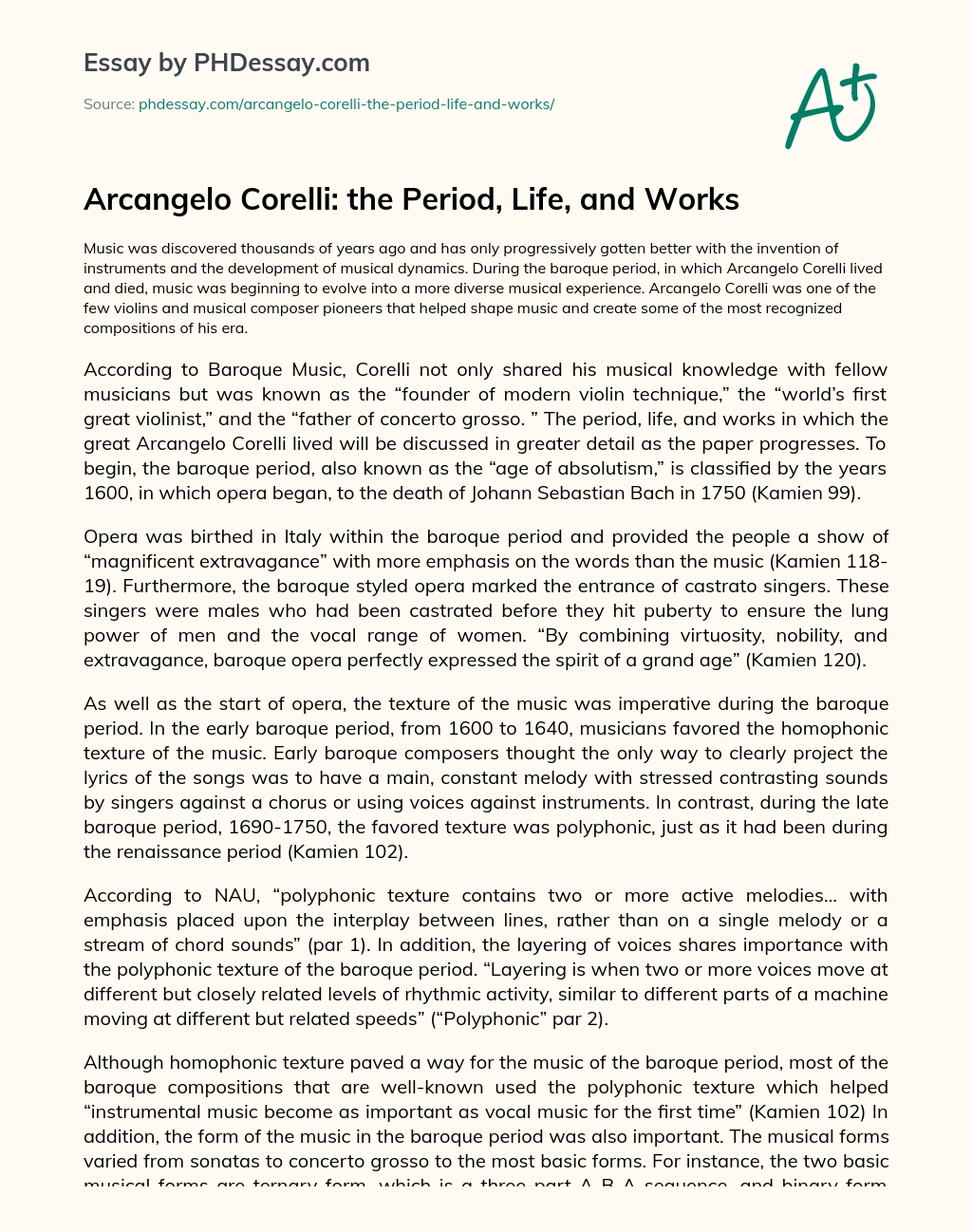 Arcangelo Corelli: the Period, Life, and Works essay