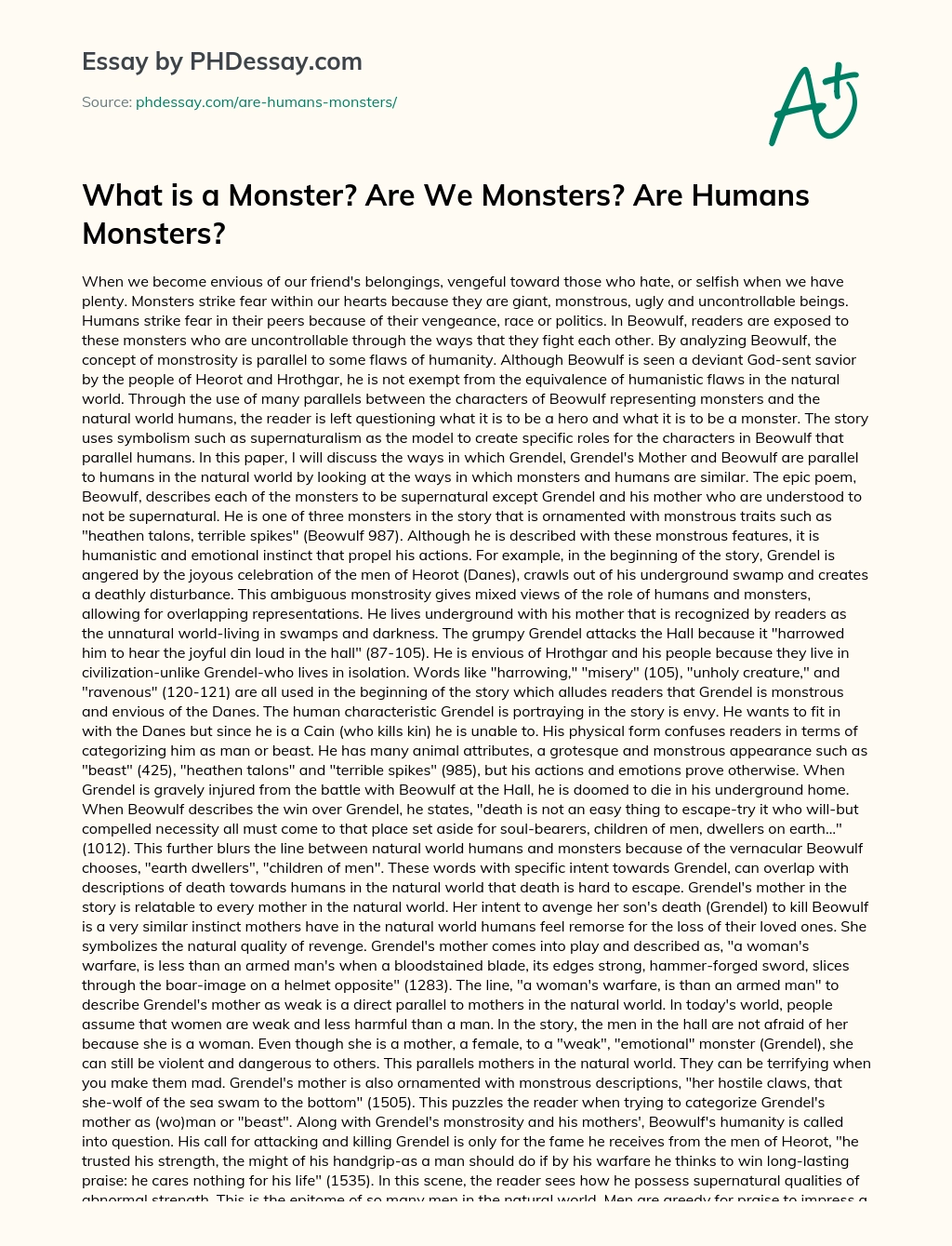 What is a Monster? Are We Monsters? Are Humans Monsters? essay