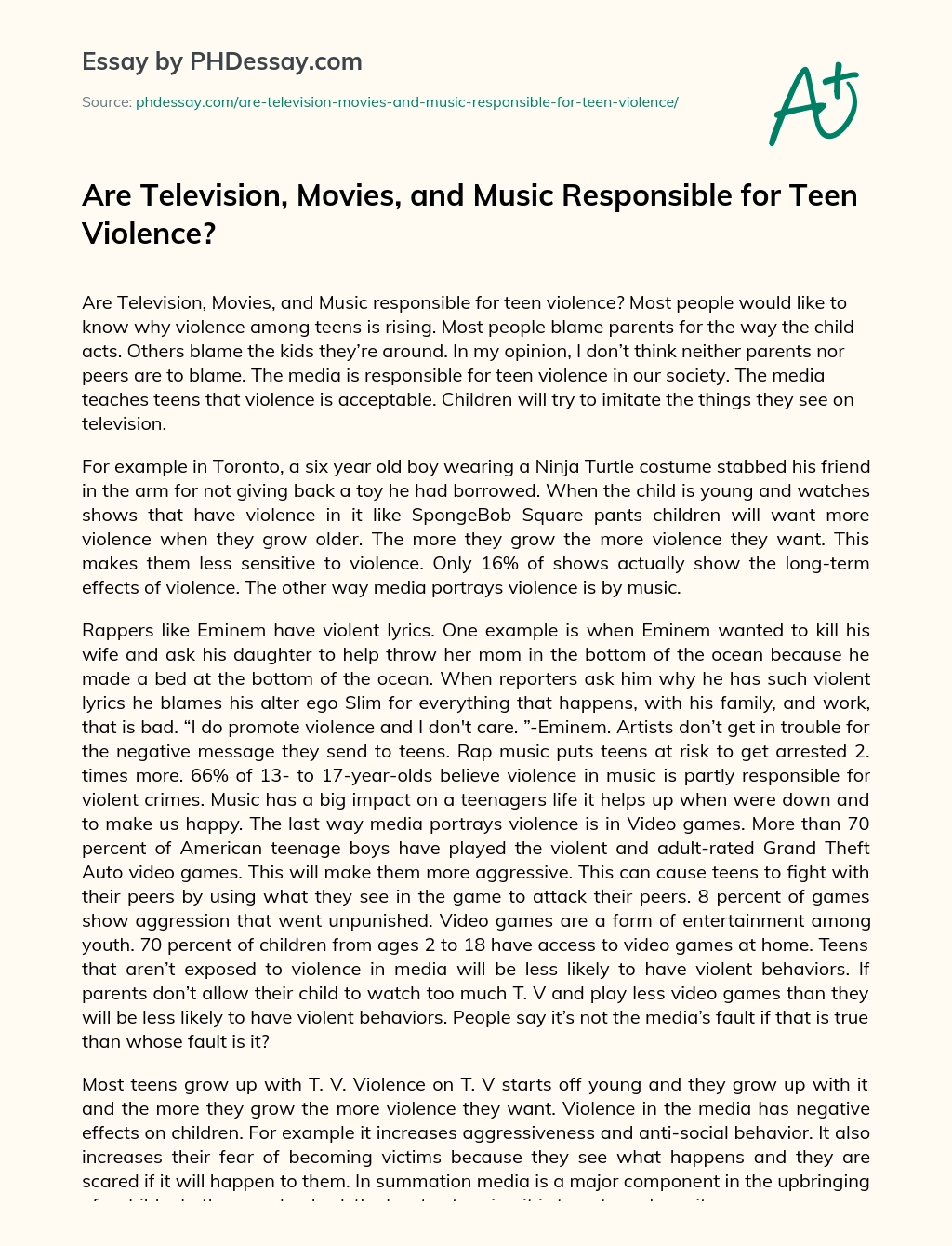Are Television, Movies, and Music Responsible for Teen Violence? essay
