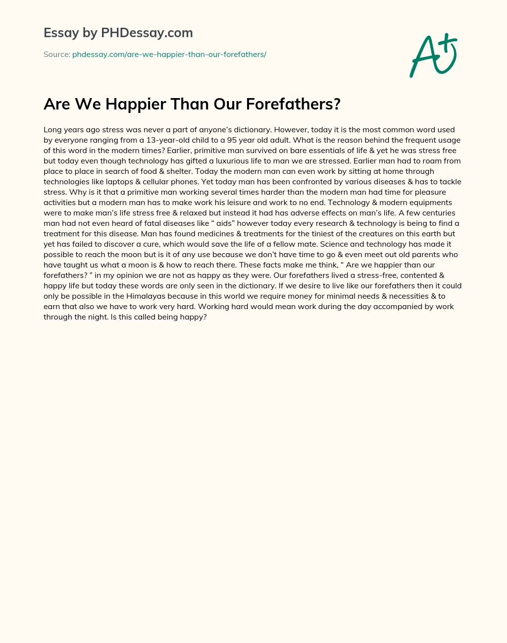 Are We Happier Than Our Forefathers? essay