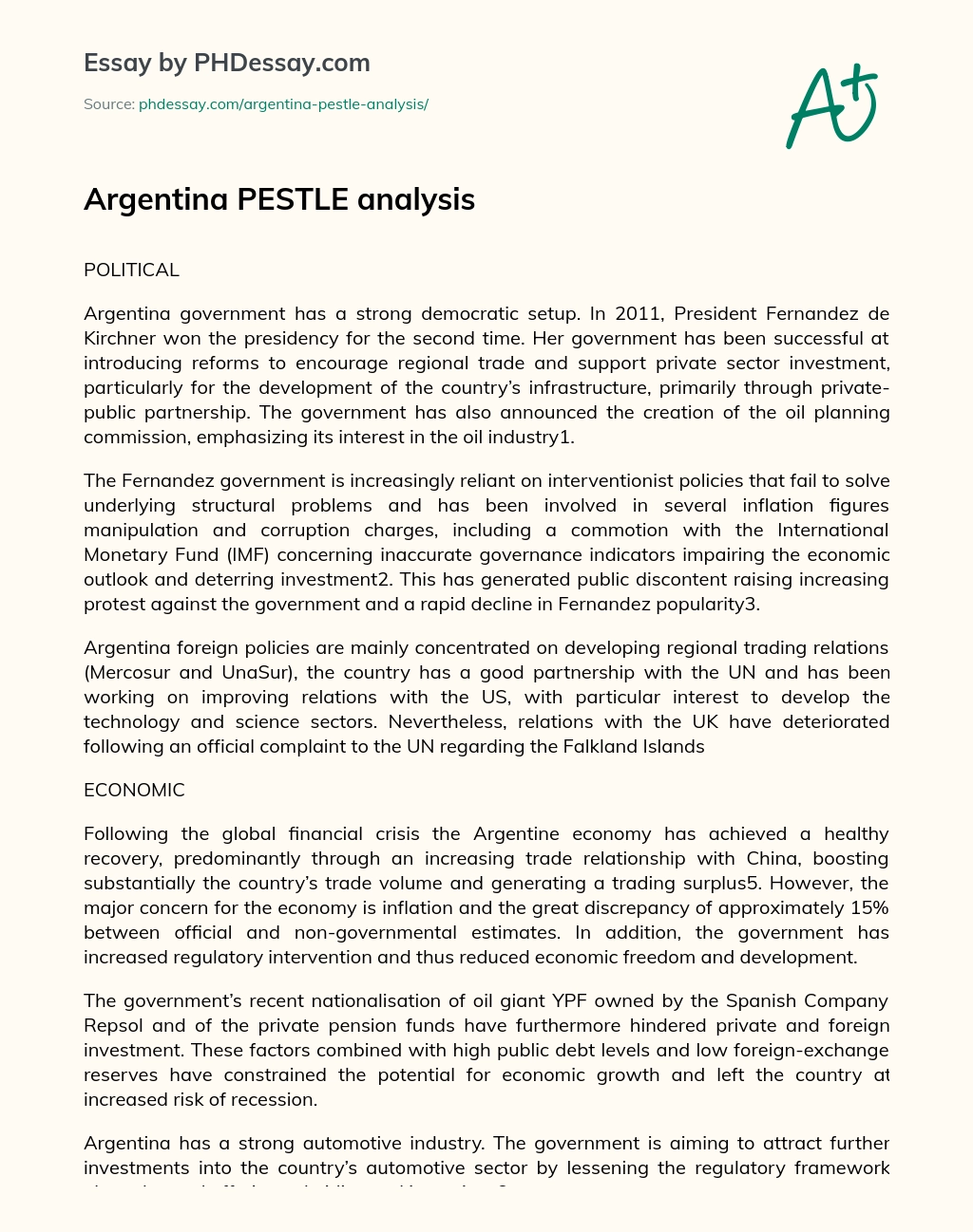 Overview of Argentina’s Government and Economic Situation essay