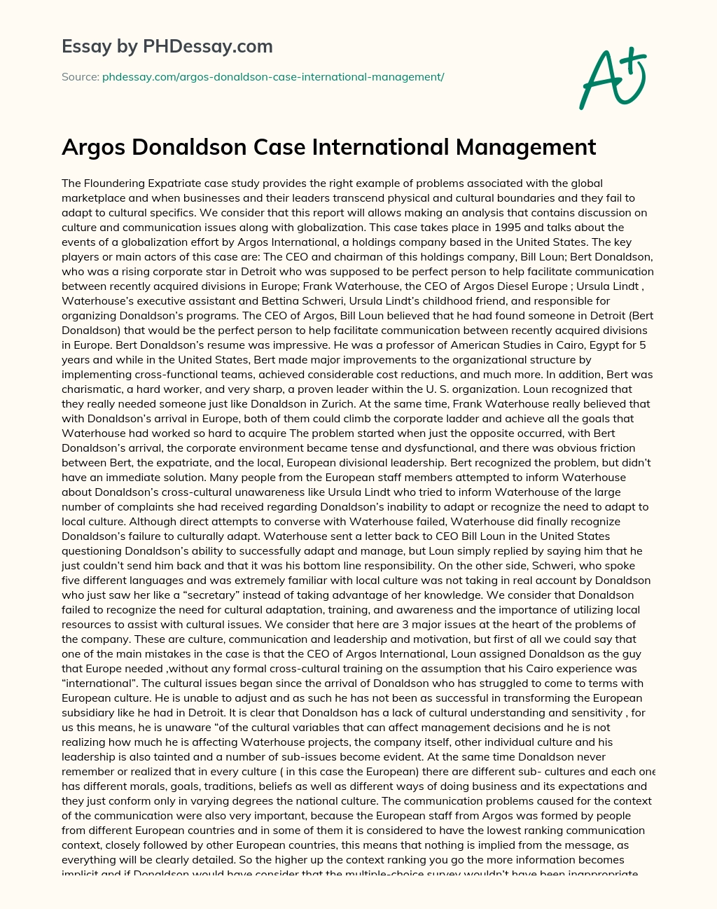 Argos Donaldson Case International Management essay