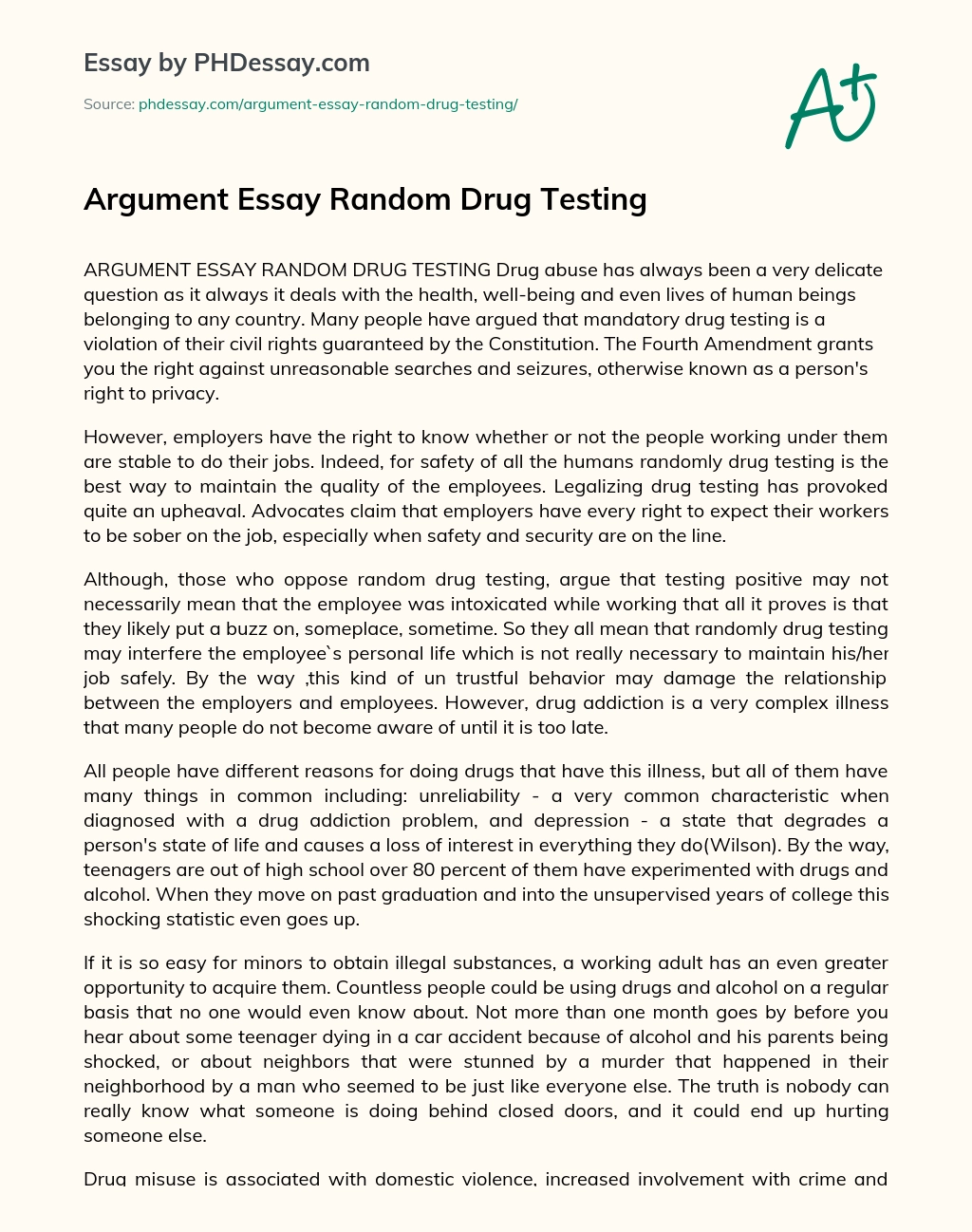 Argument Essay Random Drug Testing essay